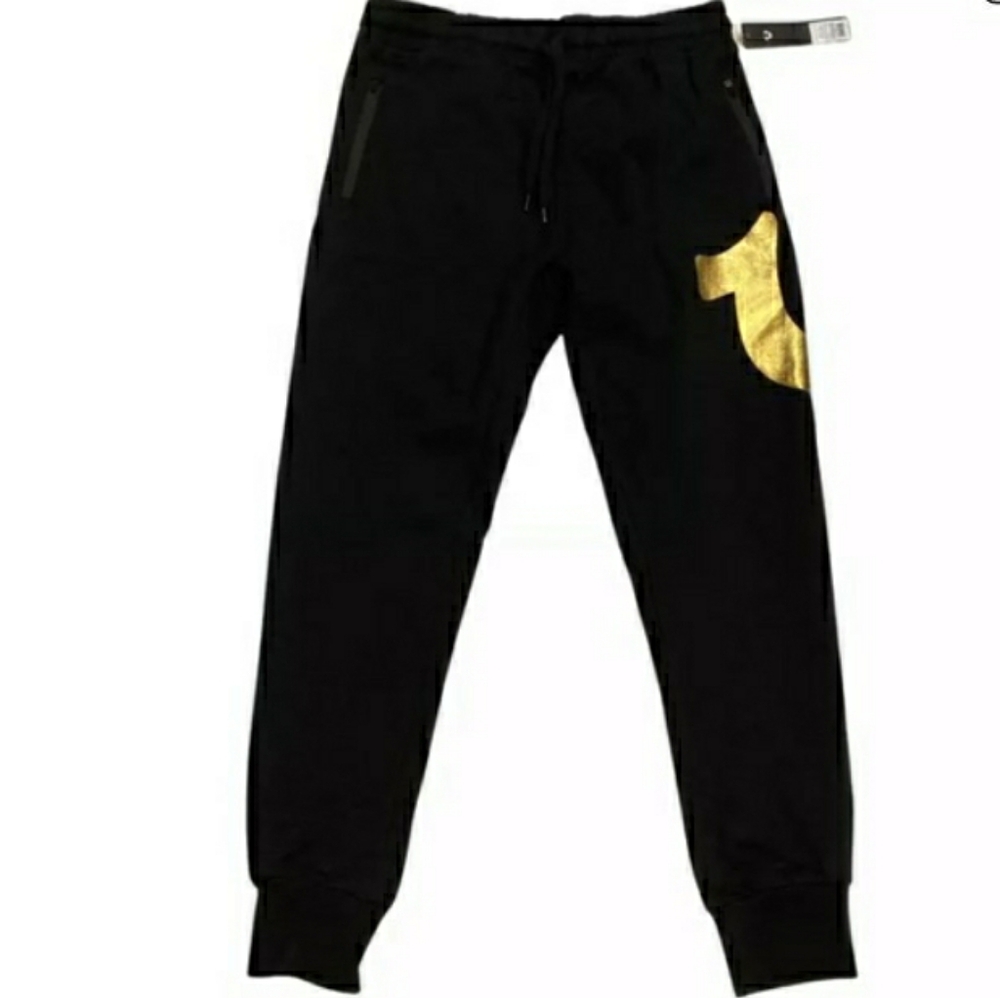 True Religion Men's Side Horse Shoe Hit Jet Black Joggers- Large